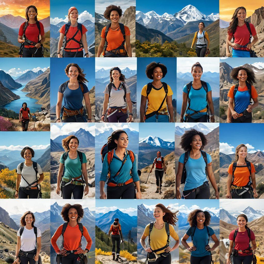 A collage of diverse solo women adventurers in various landscapes, from mountains to city streets, each with a look of determination and joy. Include visual elements like a map, travel gear, and inspiring quotes in the background. The scene should evoke a sense of empowerment, freedom, and boldness. Capture an atmosphere of adventure and resilience. vibrant colors. super-realistic.