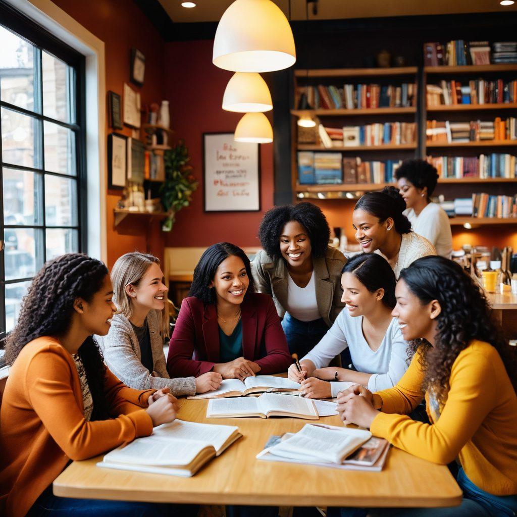 A diverse group of empowered women of various ethnicities, passionately sharing stories with each other in a cozy, vibrant café setting filled with inspiring quotes and books. Each woman displays unique styles and expressions symbolizing individuality and strength. Warm light fills the room, creating an inviting atmosphere that reflects community and support. super-realistic. vibrant colors. cozy background.