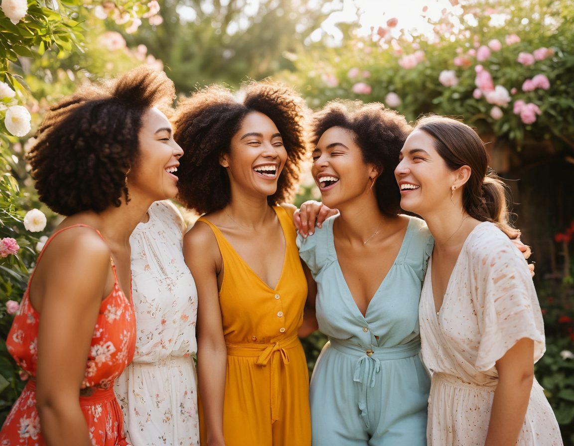 A diverse group of independent women of various ethnicities, laughing and sharing stories in a vibrant outdoor setting, surrounded by blooming flowers and soft sunlight. Each woman showcases her unique style, symbolizing individuality yet connected by a shared bond of sisterhood. There is a subtle hint of empowerment in their expressions. Artistic, vibrant colors, warm tones, and a soft focus to convey warmth and positivity.